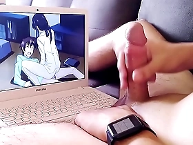 Hot young guy watches hentai jerk off big dick and moans with pleasure cum
